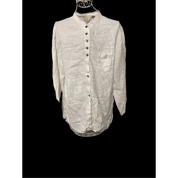 Beautiful J. Jill Love Linen Womens size medium beige white Long Sleeve Button D - Picture 2 of 8